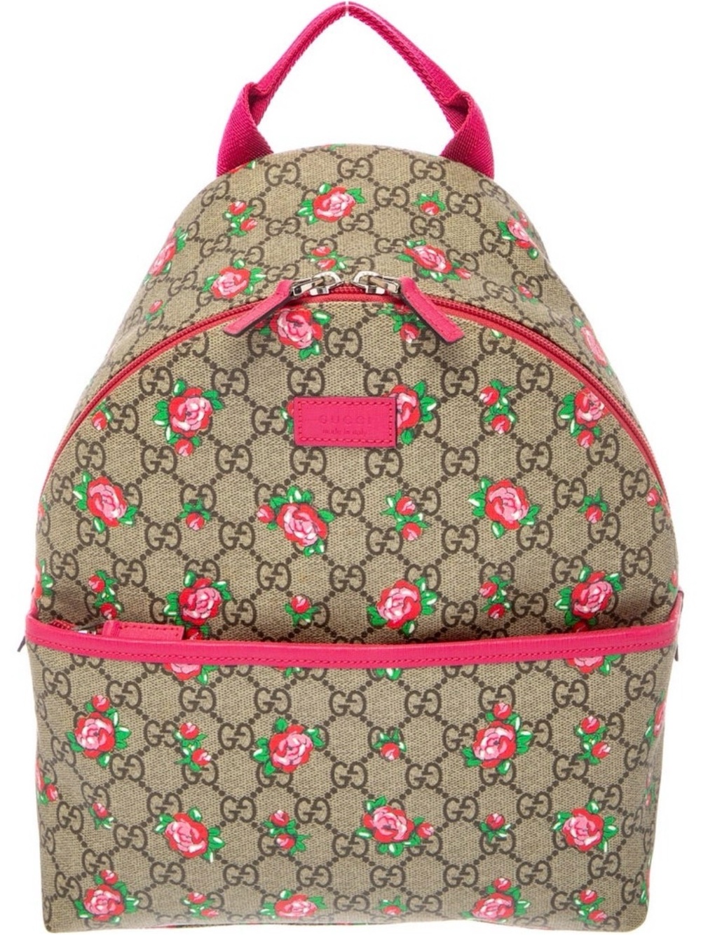 Gucci Beige GG Canvas Backpack with Pink Rose Print